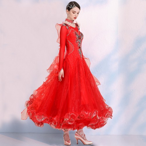 Red competition ballroom dance dresses for women stones stage performance professional waltz tango foxtort smooth dance dresses gown for lady